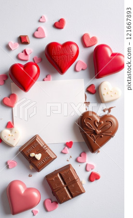 illustration of a valentines day themed image, heart shaped chocolates with red rose petals around 121667893
