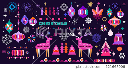 Merry Christmas Happy New Year 2025   Holiday winter nordic decor Vintage scandinavian deer, tree, ball, border, wreath, snowflake 121668006