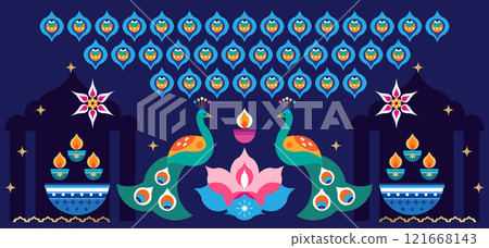 Traditional Indian festival Diwali. Happy Festival of lights Deepavali, peacock, rangoli Template banner Festive Burning diya background Vector abstract icon illustration Traditional Indian festival Diwali. Happy Festival of lights Deepavali, peacock, rangoli Template banner Festive Burning diya background Vector abstract icon illustration 121668143