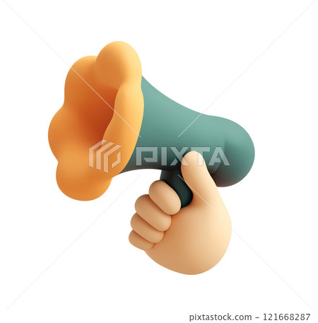 A 3D rendering of a cartoon hand holding a stylized megaphone. 121668287