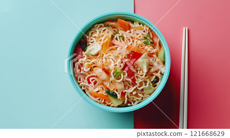 Enjoy the Spicy Noodles in an elegant blue Bowl on a vibrant Bright Background Enjoy the Spicy Noodles in an elegant blue Bowl on a vibrant Bright Background 121668629