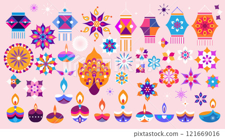 Traditional Indian festival Diwali. Happy Festival of lights Deepavali,  set icons  121669016