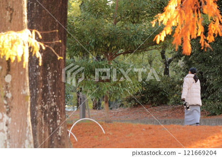 Woman walking in the autumn park 121669204