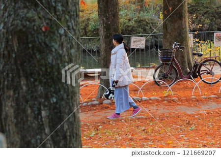 Woman walking in the autumn park 121669207