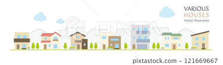 城市景觀的向量插圖,兩旁都是設計簡單的房屋 城市景觀的向量插圖,兩旁都是設計簡單的房屋 121669667