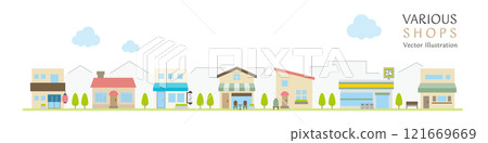 Vector illustration of a streetscape lined with simple design shops Vector illustration of a streetscape lined with simple design shops 121669669