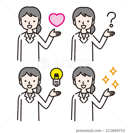 Women in white coats holding up icons such as hearts (doctors, pharmacists, nutritionists, researchers) 121669753