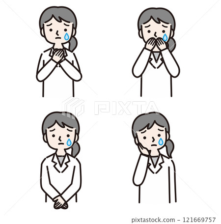 A woman in a white coat with a sad expression (doctor, pharmacist, nutritionist, researcher) A woman in a white coat with a sad expression (doctor, pharmacist, nutritionist, researcher) 121669757