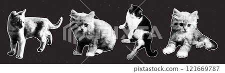 Set of halftone cats. Vector elements in pop art style. Y2k collage design. Set of halftone cats. Vector elements in pop art style. Y2k collage design. 121669787