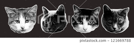 Collage element with funny cat heads. Set of retro elements in halftone style Collage element with funny cat heads. Set of retro elements in halftone style 121669788