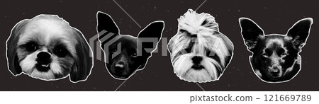 Trendy punk halftone collage dog heads set. Dotted pop art style. Trendy punk halftone collage dog heads set. Dotted pop art style. 121669789