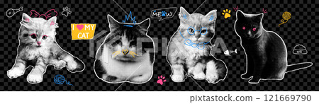 Set of halftone cats with doodle elements. Vector elements in pop art style. Y2k collage design. 121669790