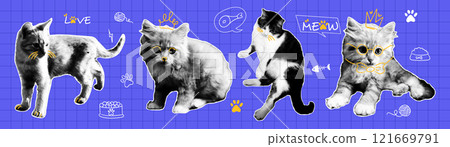 Trendy collage set with funny cats with doodle elements. Retro dots halftone effect. 121669791