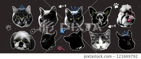 Trendy halftone collage cat and dog heads with naive doodle elements. Grunge punk collection. 121669792