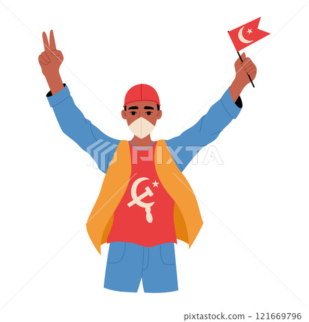 Worker with hammer and sickle at a Labor Day parade. 121669796