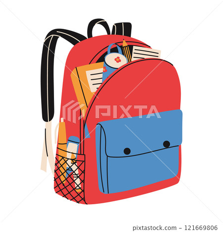 Colorful school bag. Backpack with study supplies. Pencil case, books, marker, pen. Back to school concept Colorful school bag. Backpack with study supplies. Pencil case, books, marker, pen. Back to school concept 121669806