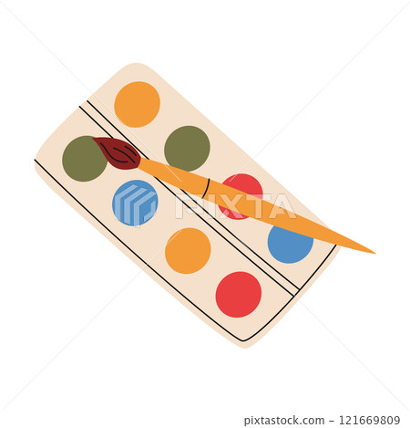 Hand drawn paint palette with brush. Tools for drawing. Hand drawn paint palette with brush. Tools for drawing. 121669809