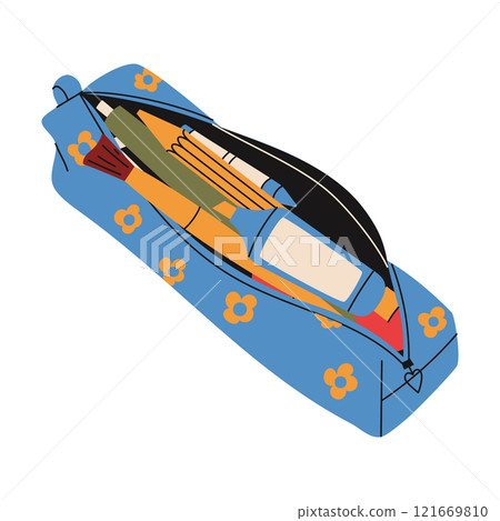 Pencil case with school supplies. Brush, marker, pen, pencil. Hand draw vector illustration 121669810