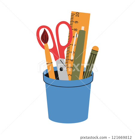 Plastic cup with school supplies. Scissor, pen, pencil, ruler, brush. Hand drawn vector illustration 121669812