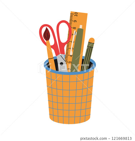 Stationery container with school supplies. Scissor, pen, pencil, ruler, brush. Hand drawn vector illustration Stationery container with school supplies. Scissor, pen, pencil, ruler, brush. Hand drawn vector illustration 121669813