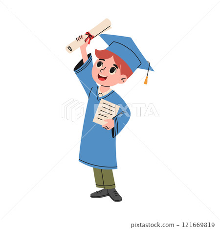 Happy kid in graduation suit. Education concept. Hand drawn style Happy kid in graduation suit. Education concept. Hand drawn style 121669819