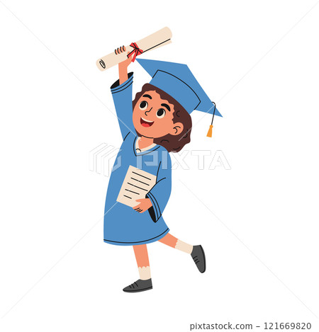 Happy elementary school girl with diploma in graduation costume. Education concept. Hand drawn style Happy elementary school girl with diploma in graduation costume. Education concept. Hand drawn style 121669820