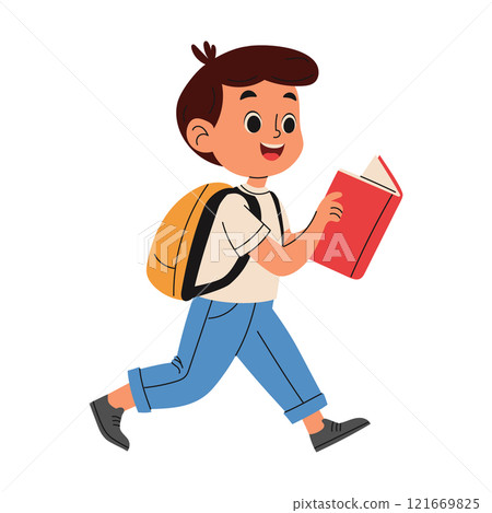 Happy school boy with school backpack reading book and go to school. Education concept. Hand drawn illustration 121669825