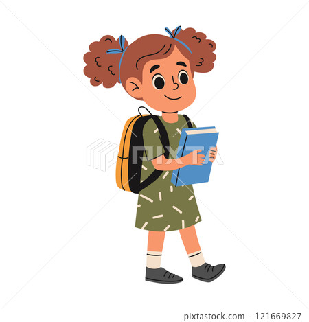 Elementary school girl with school bag and book. Back to school concept. Hand drawn illustration 121669827