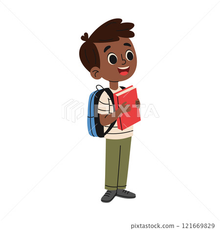 Elementary school boy with backpack and book goes to school. Education concept. Hand drawn illustration Elementary school boy with backpack and book goes to school. Education concept. Hand drawn illustration 121669829