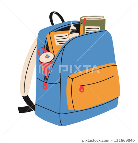 Kids school backpack with education supplies. Pencil case, books, marker, proofreader. Hand drawn vector illustration 121669840
