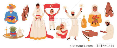 Set of people during traditional Muslim holidays. Muslim bride, New Year, Ataturk Celebration, Mother's day, women's day, Novruz festival, Ramadan Mubarak 121669845
