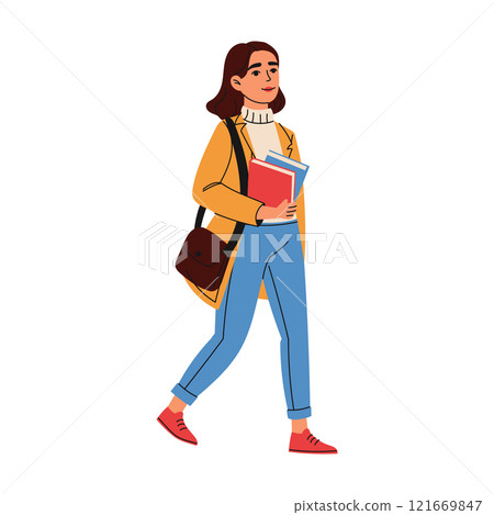 High school girl with bag holding books. Education concept. Hand drawn style High school girl with bag holding books. Education concept. Hand drawn style 121669847