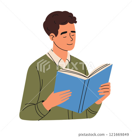Guy student reading book. Education concept. Hand drawn style Guy student reading book. Education concept. Hand drawn style 121669849