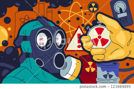 Radiation and nuclear power plant hazard banner. Vector clipart for warning about radioactive contamination, industrial risks, atomic power safety. Naution, emergency alert, environmental protection. Radiation and nuclear power plant hazard banner. Vector clipart for warning about radioactive contamination, industrial risks, atomic power safety. Naution, emergency alert, environmental protection. 121669895