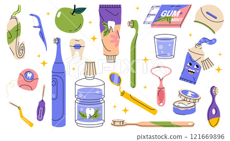 Set of dental tools or oral care items. Vector icon of mouth cleaning and teeth whitening, tooth brushing accessory. Orthodontic equipment. Toothbrush and gum, rinse and tongue scraper, toothpaste. 121669896