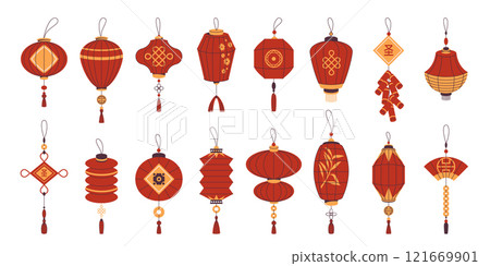 Set of Chinese lanterns or vector China decorations. Icon collection of Asian decoration or eastern lamp clipart. Traditional decor for holiday celebration CNY. New year ornament, festoon for Asia. 121669901