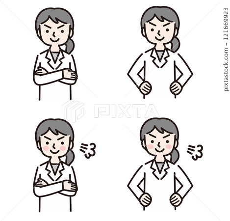 Confident women in white coats (doctors, pharmacists, nutritionists, researchers) 121669923