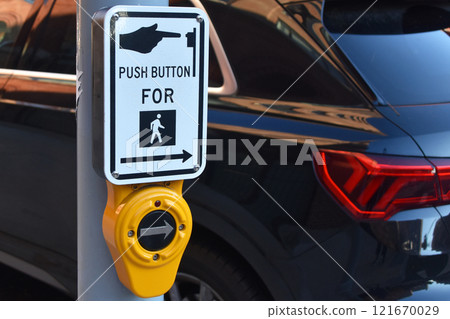 Crosswalk signal button, start crossing button on Manhattan, New York 121670029