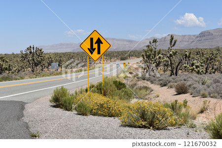 An empty road through the town in the Death Valley, CA, USA 121670032