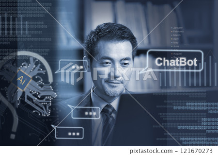 asian businessman chatting with an AI ChatBot using laptop computer asian businessman chatting with an AI ChatBot using laptop computer 121670273
