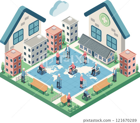 Isometric Global Aging Population with Elderly Using Mobility Aids Isometric Global Aging Population with Elderly Using Mobility Aids 121670289