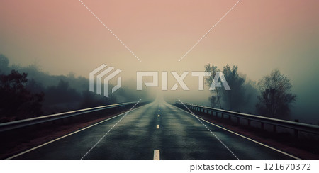 Misty empty road with trees on the side. Foggy highway. Mystery travel concept. Generative AI 121670372