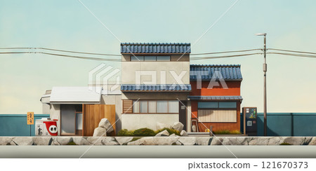 Minimalistic japanese village concept. Traditional scenic landscape. Generative AI 121670373