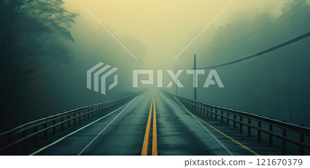 Misty empty road with trees on the side. Foggy highway. Mystery travel concept. Generative AI 121670379