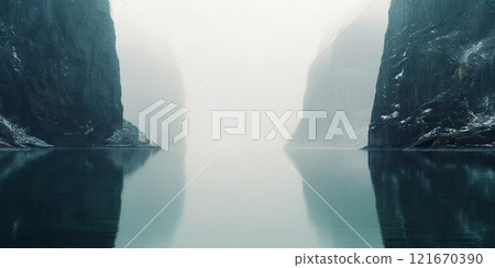 Fjord minimalistic landscape. Fog over mountains. Generative AI 121670390