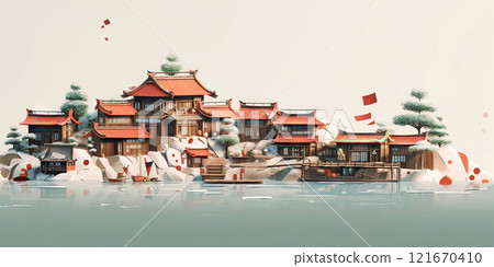 Minimalistic japanese village concept. Traditional scenic landscape. Generative AI 121670410
