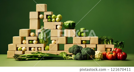 Equilibrium food balance diet concept. Balancing pyramid or tower of vegetables. Generative AI 121670411