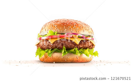 Blank beef hamburger with cheese mock up, front view 121670521