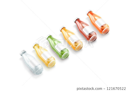 Blank transparent glass bottle with different juice taste mockup, isolated 121670522