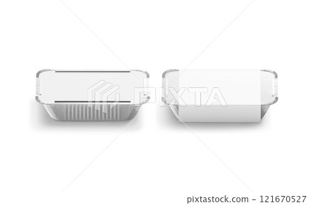 Blank aluminium foil container with white paper label mockup, isolated 121670527